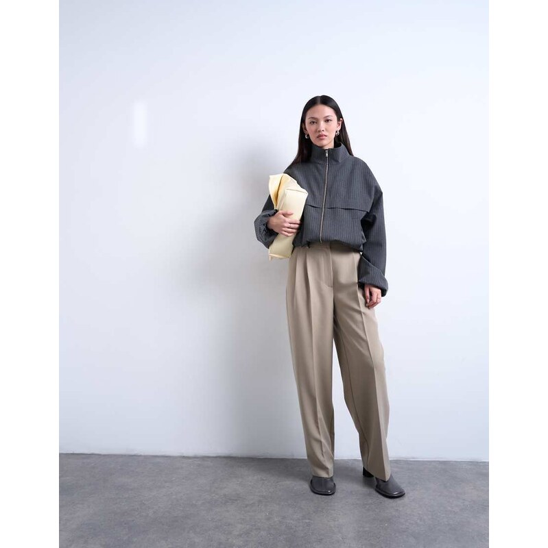 Topshop double pleated slouchy trouser in taupe-Brown 113262691