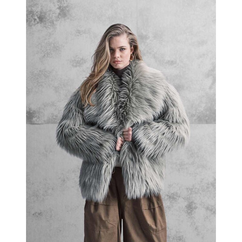 ASOS DESIGN oversized jacket with faux fur collar in sage-Green