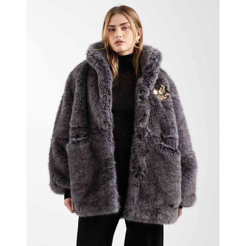 ASOS DESIGN vintage 80s faux fur jacket with gold brooch