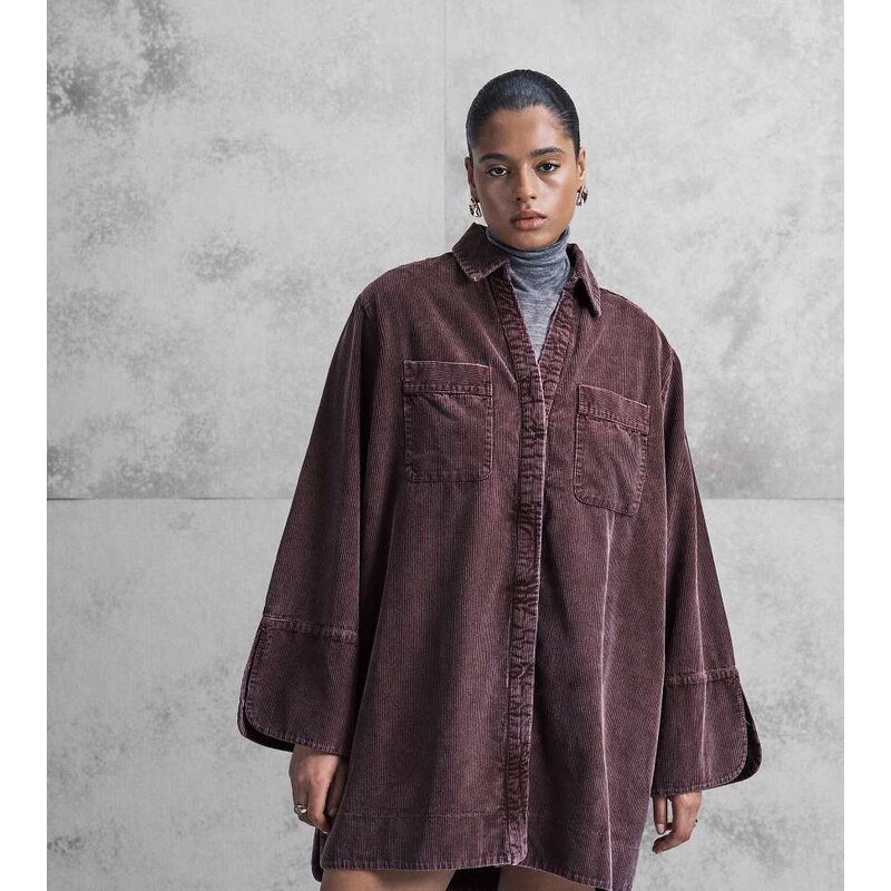 ASOS Curve ASOS DESIGN Curve cord mini shirt dress with wide cuffs and 115514175