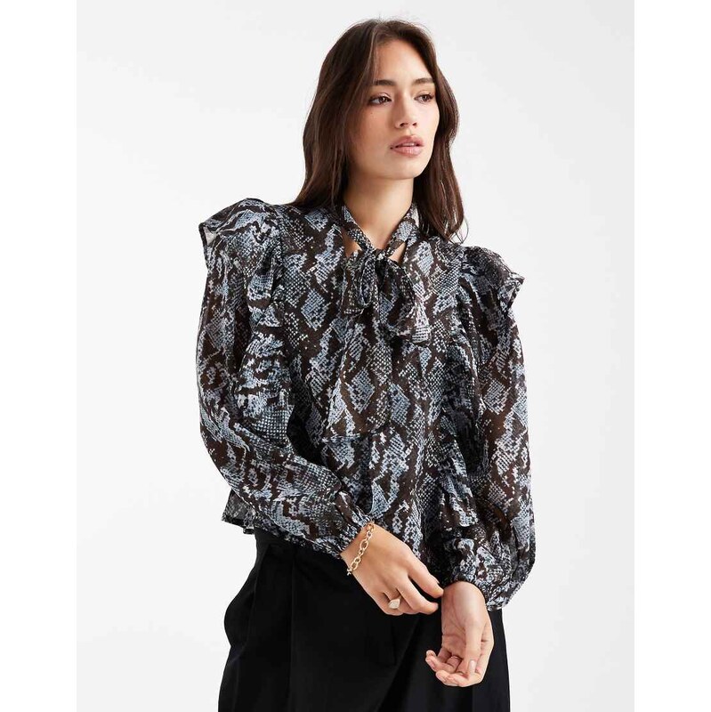 Wednesdays Girl chiffon ruffle blouse with scarf in blue