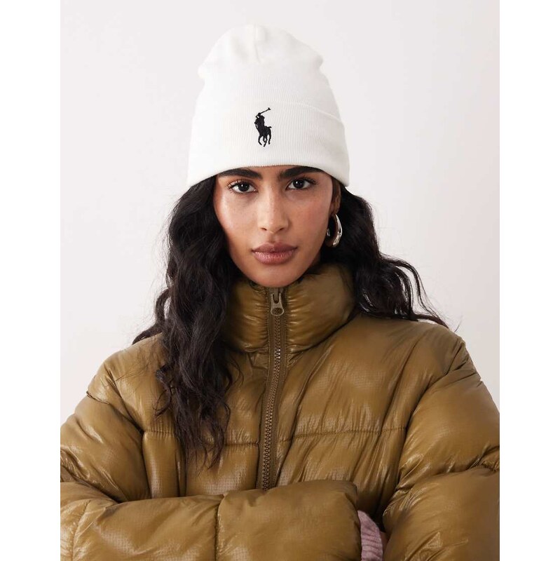 Polo Ralph Lauren icon logo cotton knit beanie in off white and