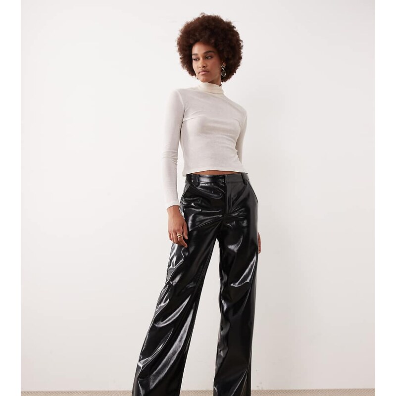 Gina Tricot Tall coated PU straight trousers in black