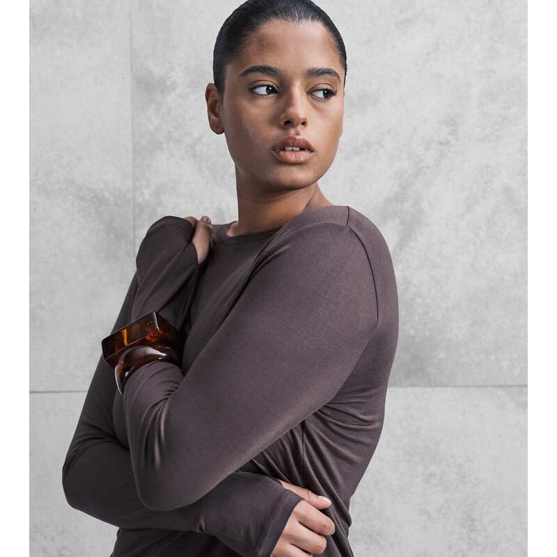 ASOS Curve ASOS DESIGN Curve semi sheer long sleeve top in chocolate 111131850