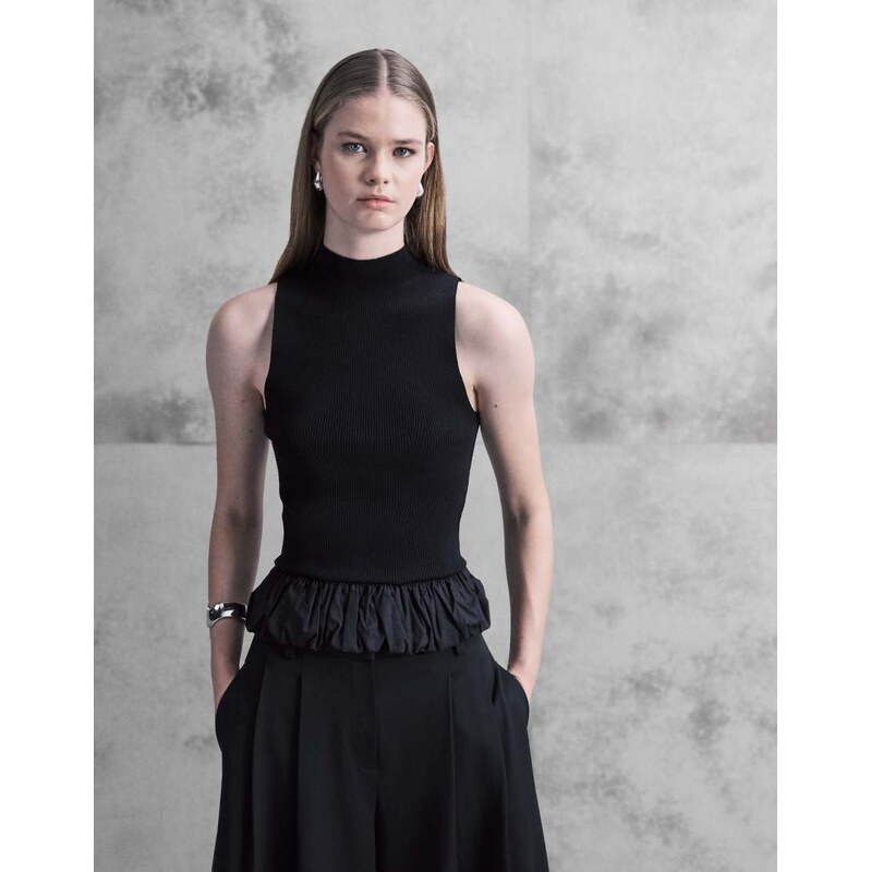 Mango high neck sleeveless top with peplum hem in black