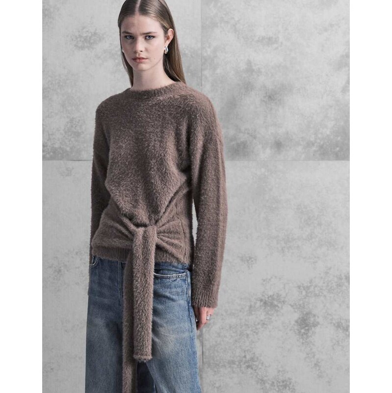 Pretty Lavish fluffy textured tie waist jumper in camel-Brown