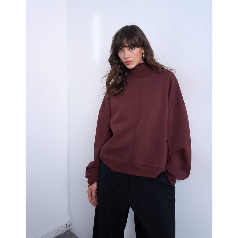 Topshop funnel neck seam detail sweatshirt in chocolate-Brown 111131865