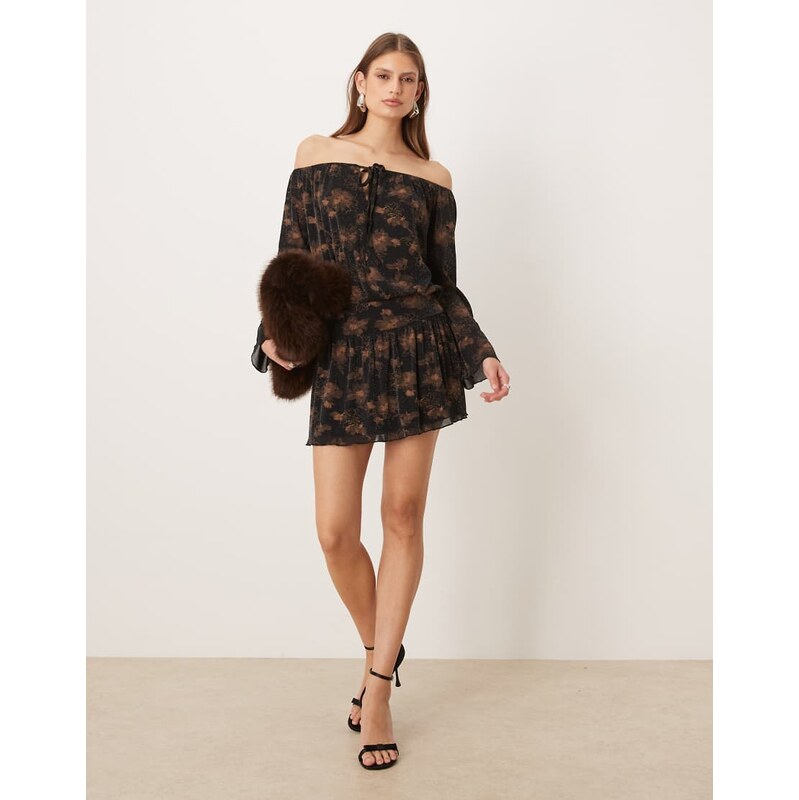 Motel Nisha off shoulder floaty mini dress in bronze-Brown