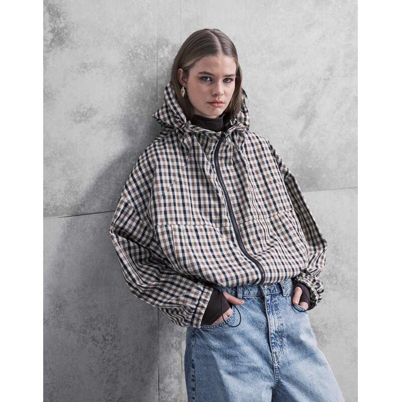 ASOS DESIGN hooded bubble hem bomber jacket in stone multi check 111131873
