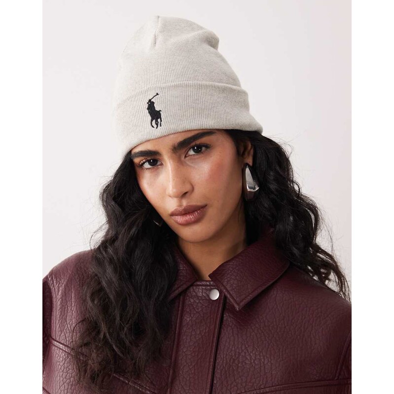 Polo Ralph Lauren icon logo cotton knit beanie in grey marl 111138673