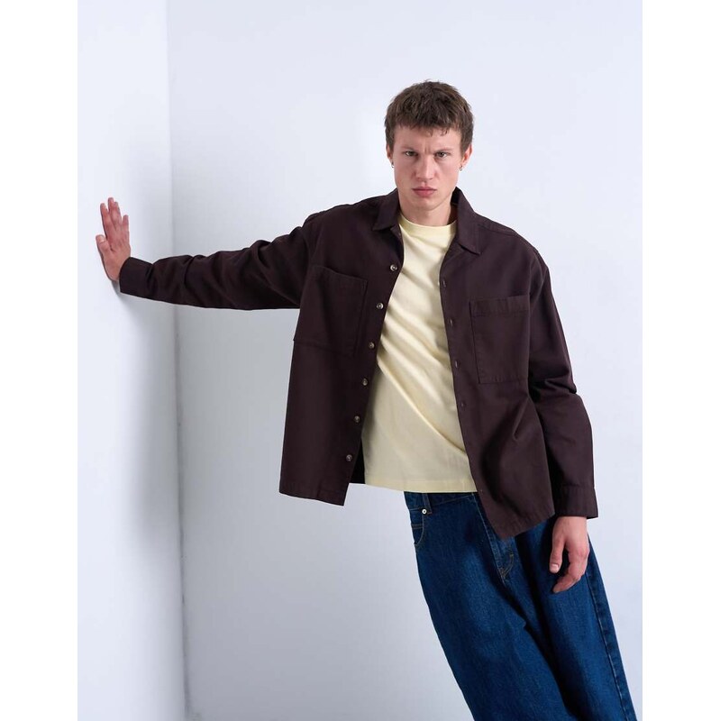 Topman regular fit twill overshirt in brown