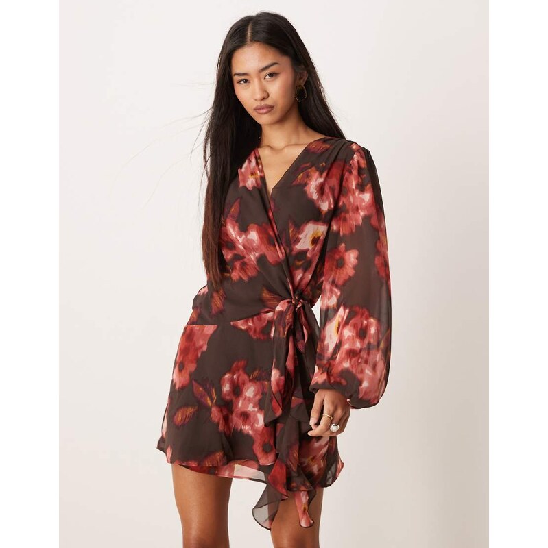 Abercrombie & Fitch long sleeve wrap mini dress in brown floral