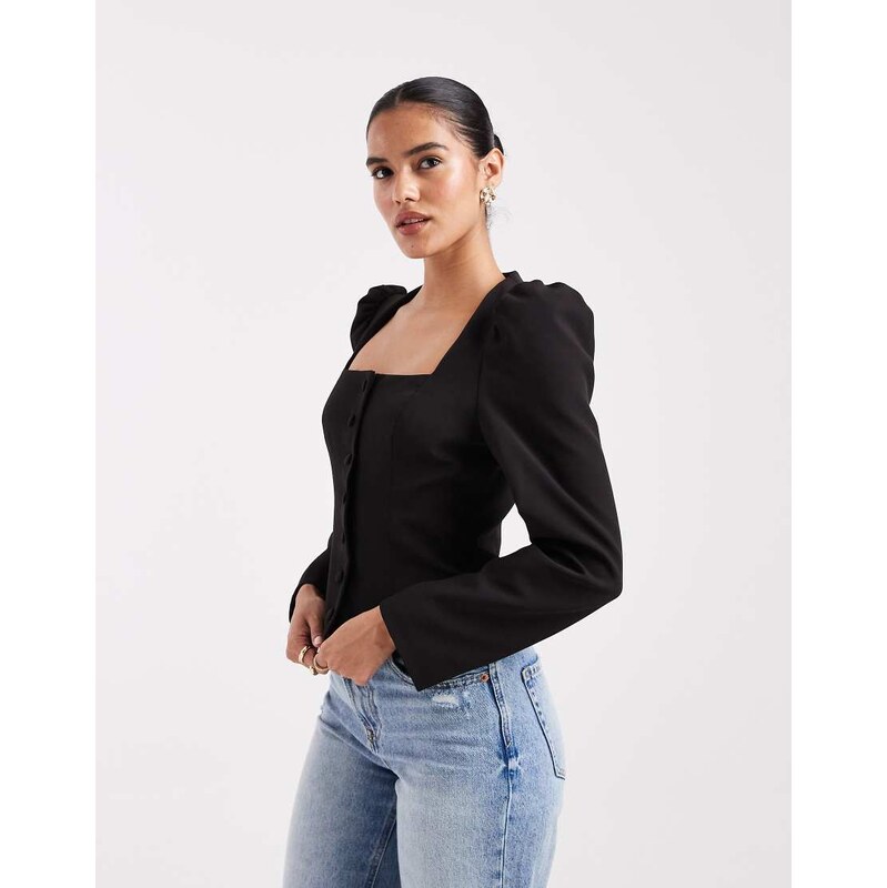 Miss Selfridge tailored collarless puff sleeve top in black