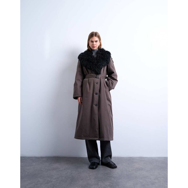 Topshop faux fur collar belted mac in brown