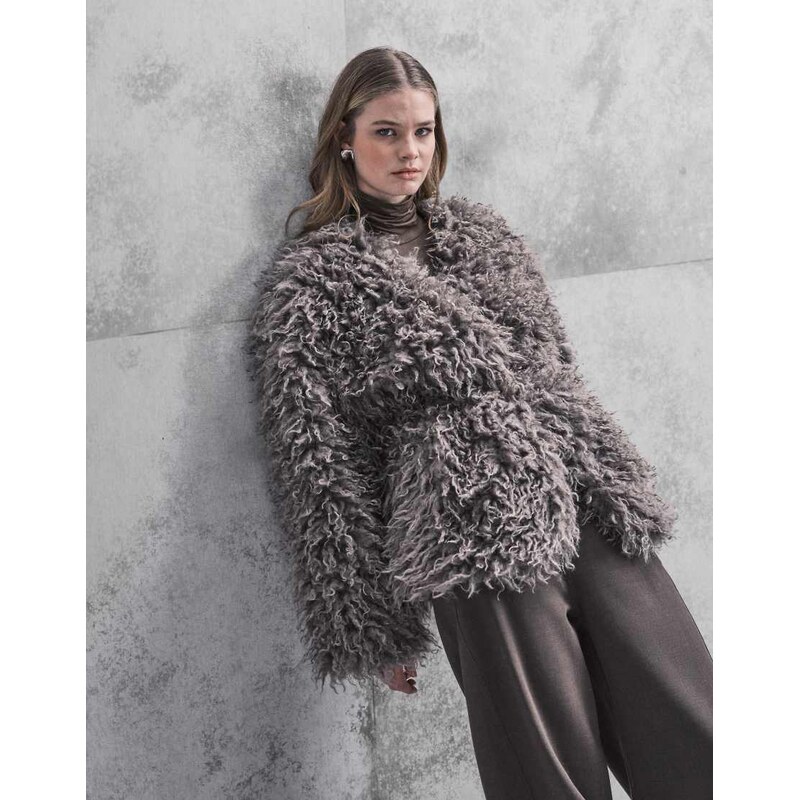ONLY belt detail shaggy jacket in grey