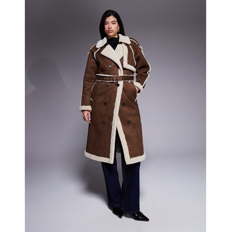 Aria Cove faux suede shearling look trim belted longline coat in 111133277