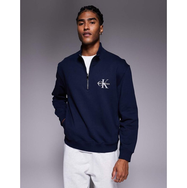 Calvin Klein Jeans chest logo 1/4 zip sweatshirt in navy-White