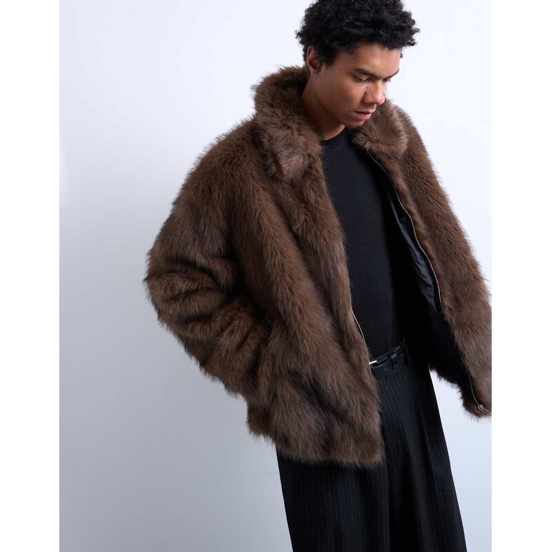 Topman faux fur zip through coat in brown