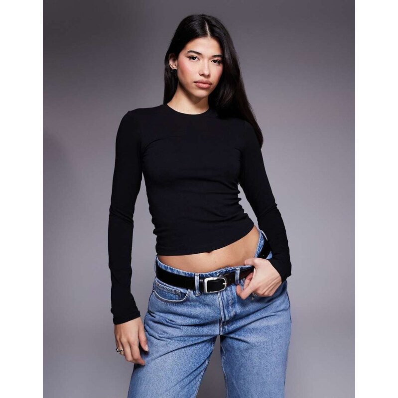 Good American cotton blend crew neck long sleeve top in black