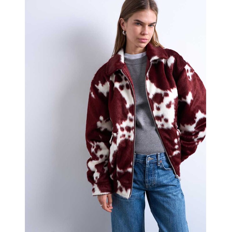 Topshop faux fur cow print bomber jacket-Red