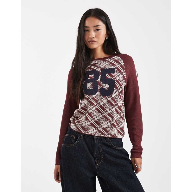 COLLUSION argyle knitted number raglan jumper-Brown 111133355