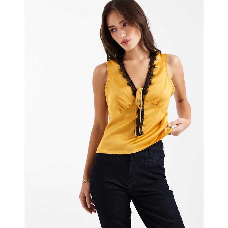 Wednesdays Girl satin lace detailed top in golden bronze