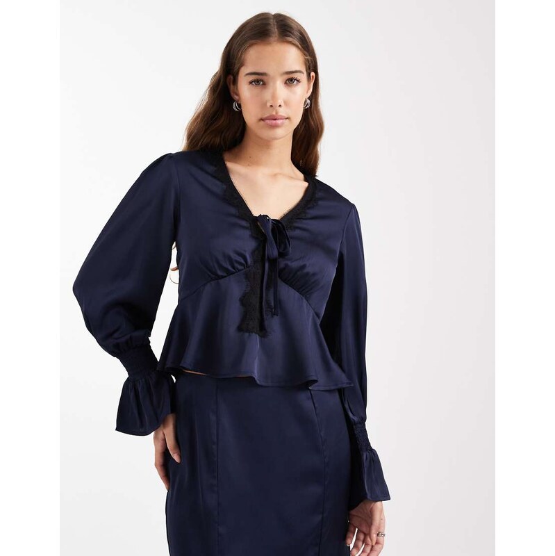 Wednesdays Girl long sleeve satin lace detailed blouse in navy