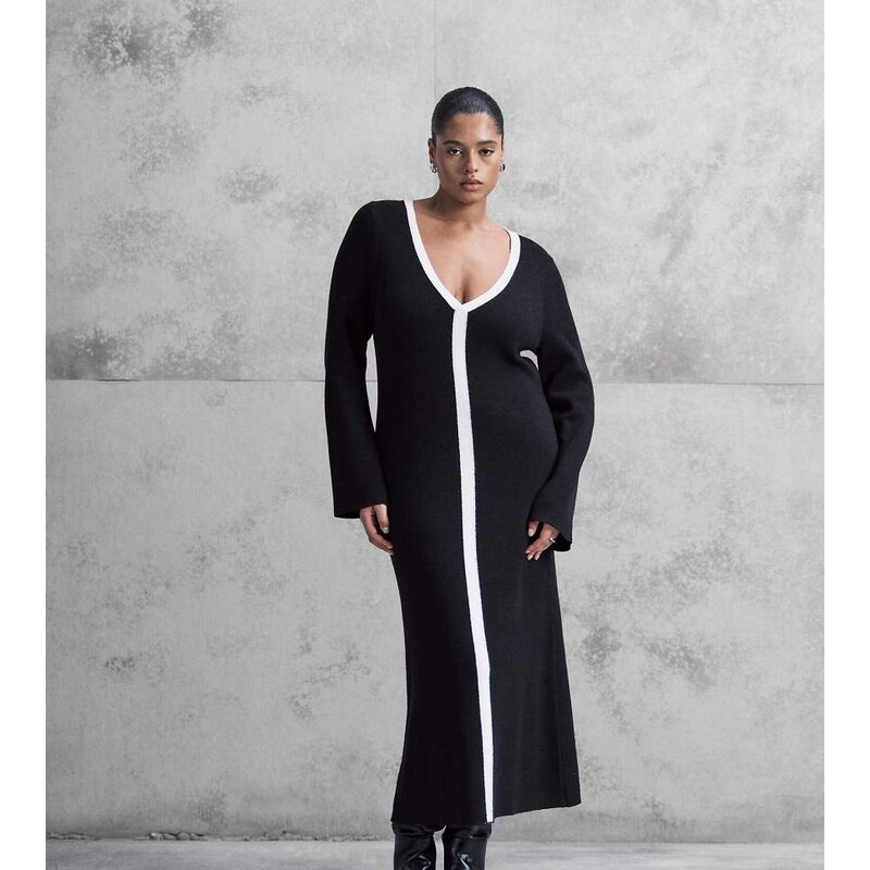 Pretty Lavish Curve knitted contrast v neck knitted maxi dress in 111138647