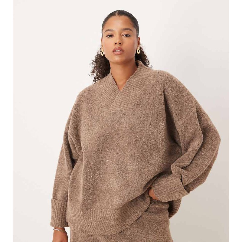Pretty Lavish Curve high v neck textured knit cuff sleeve jumper