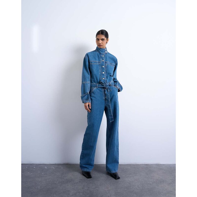 Topshop denim funnel neck belted jumpsuit in mid blue