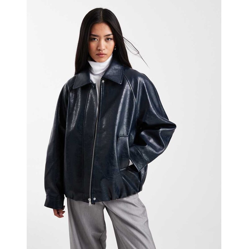 ASOS DESIGN leather look oversized bomber jacket in navy