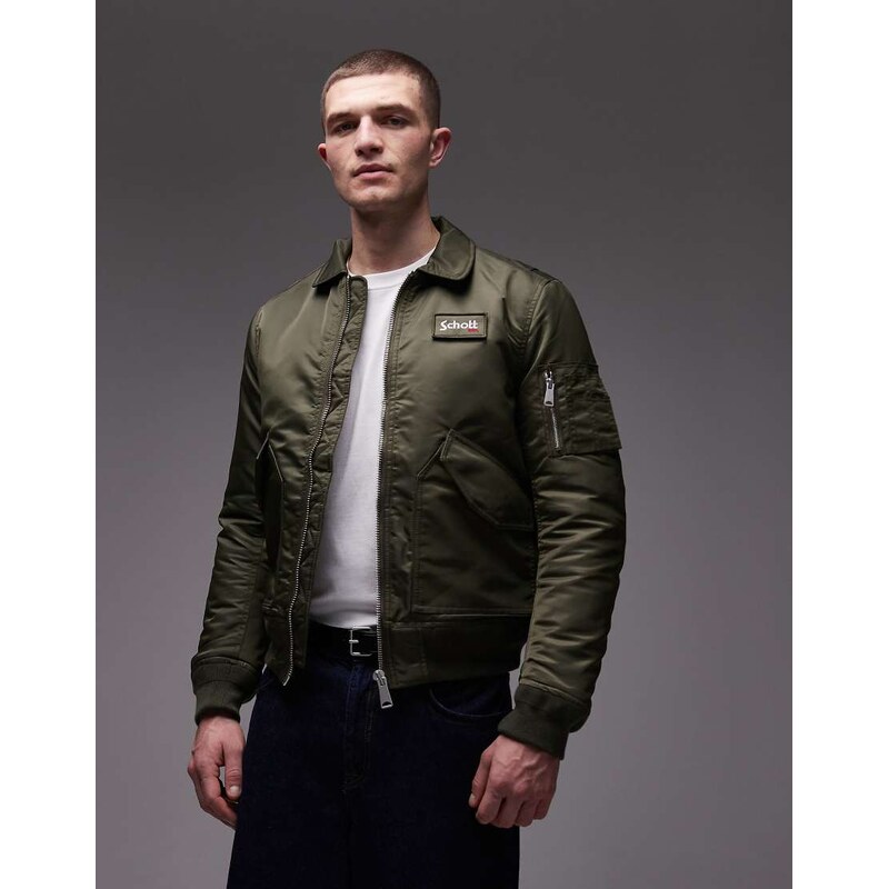 Schott logo patch zip pocket detail cropped padded jacket in
