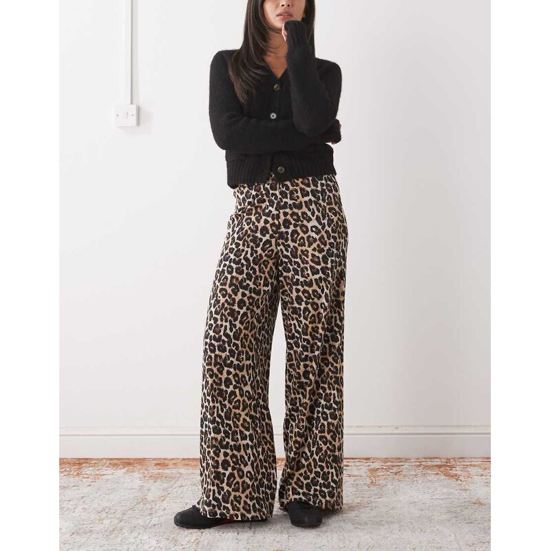 Noisy May ribbed wide leg trouser in leopard print-Black 115517746