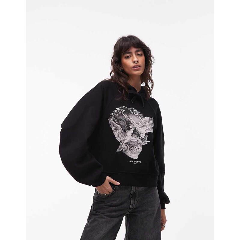 AllSaints Dana skull & bird graphic hoodie in black 111138690