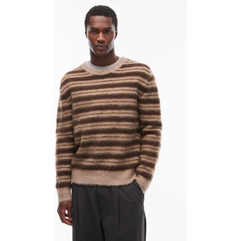 Double A By Wood Wood Enker fluffy stripe jumper in brown multi