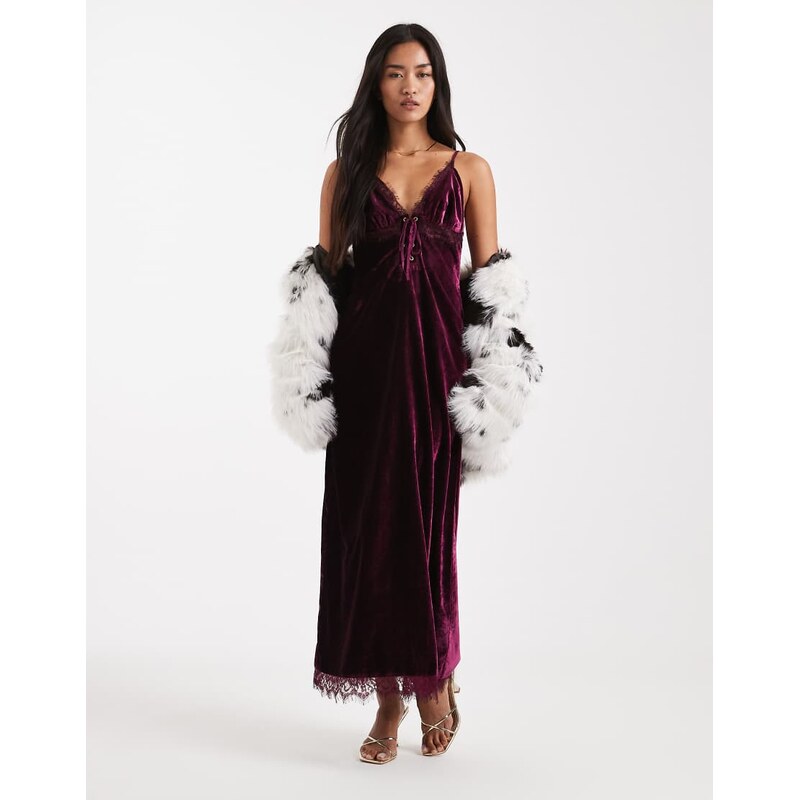 Miss Selfridge velvet and lace cami maxi dress in burgundy