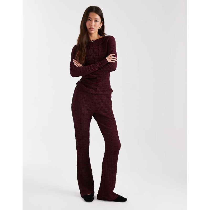ASOS DESIGN mix & match textured high waist flare trousers in burgundy 111133343