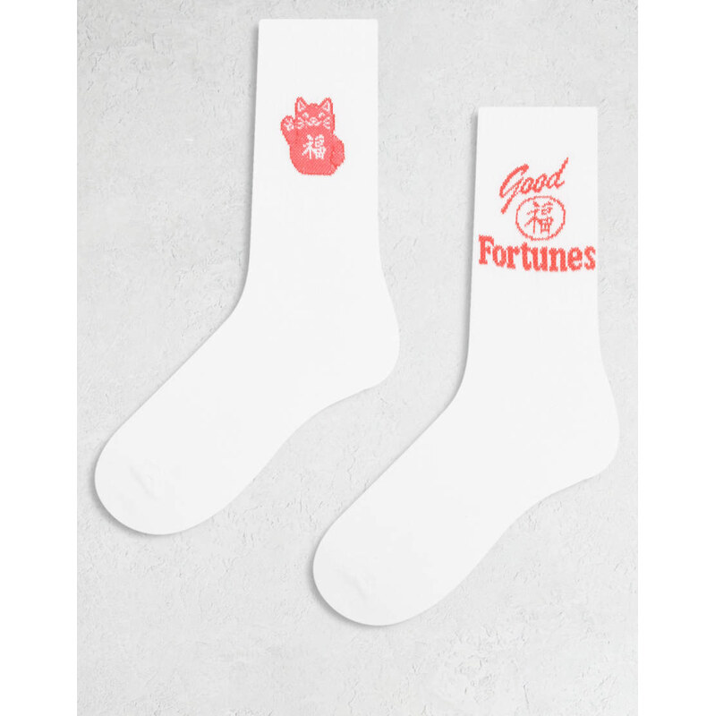 ASOS DESIGN 2 pack socks with lucky cat graphic in white 111133819