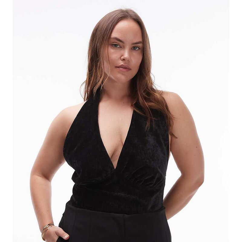 ASOS Curve ASOS DESIGN Curve textured velvet halterneck top in black 111148862