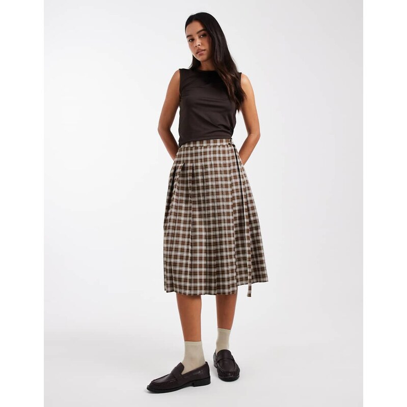 Miss Selfridge tailored pleated midi skirt in check-Multi