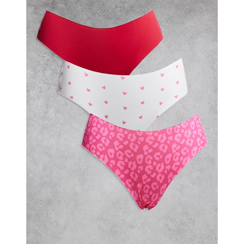 ASOS DESIGN 3 pack no vpl & lace brazilian in pink leopard, heart 115514729