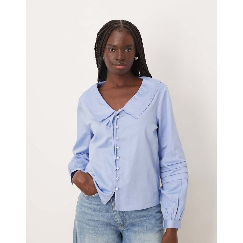 JDY tie front collar detail shirt with faux pearl buttons in light 111133356