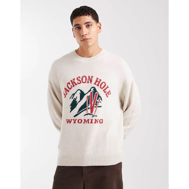 Hollister boxy open hem ski motif jumper in white