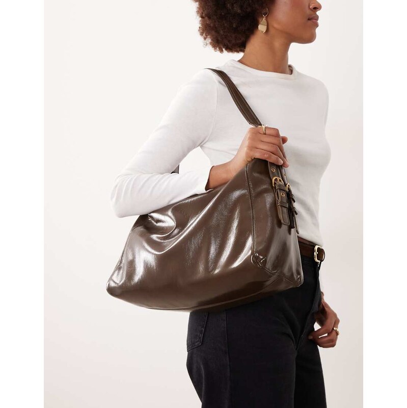 Mango large shoulder bag with buckle detailing in brown 111133763
