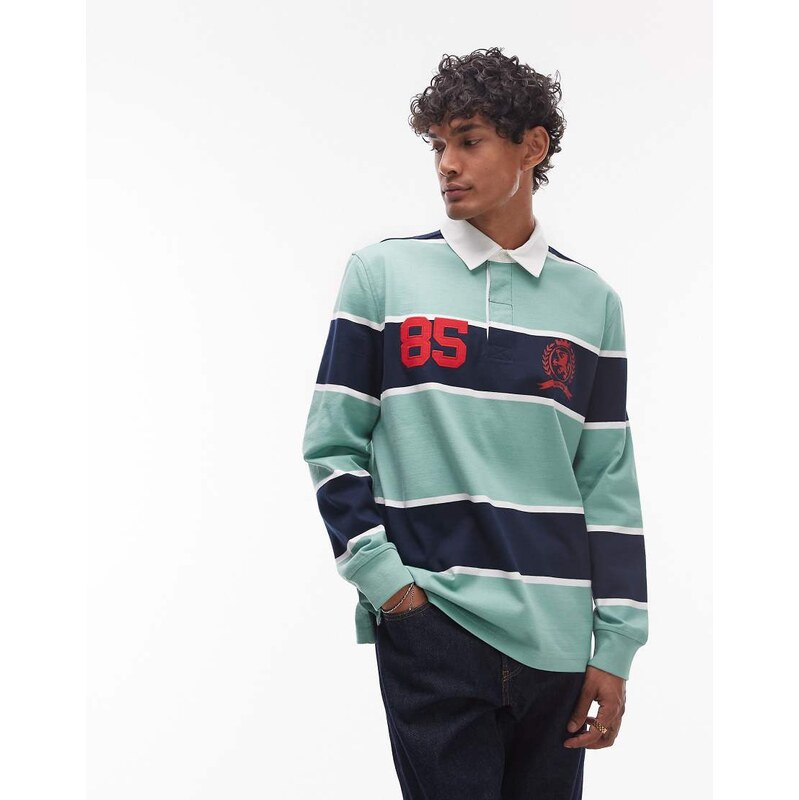 Tommy Jeans sporty rugby top in navy and mint stripe