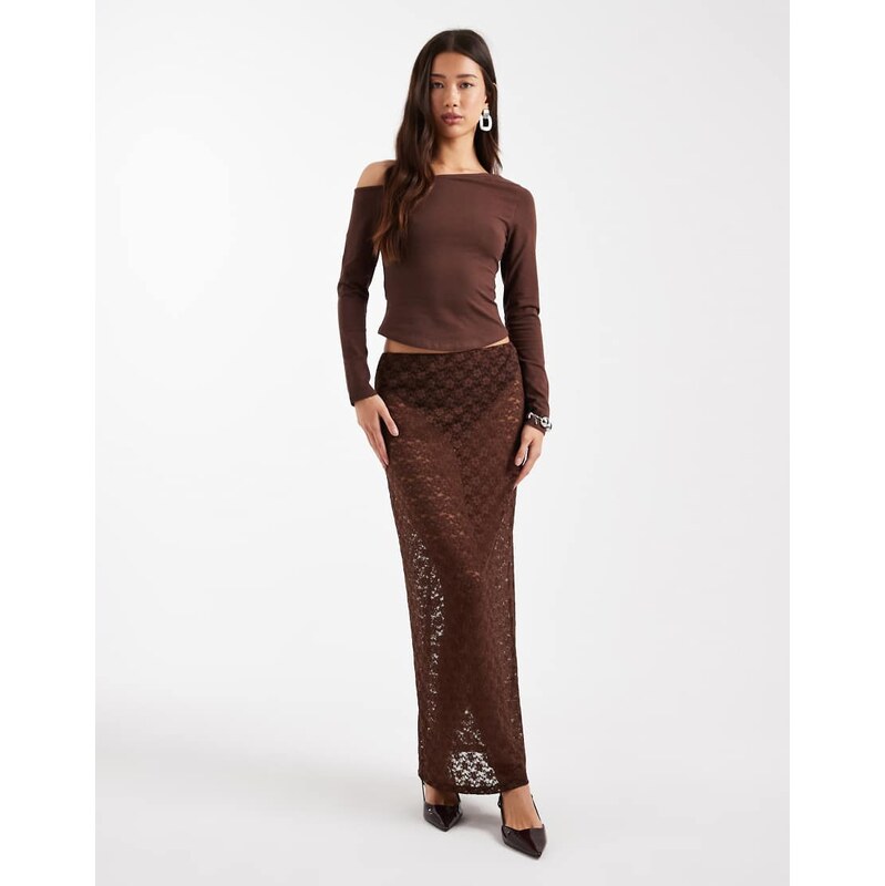 ASOS DESIGN lace sheer column maxi skirt in chocolate-Brown 115514333