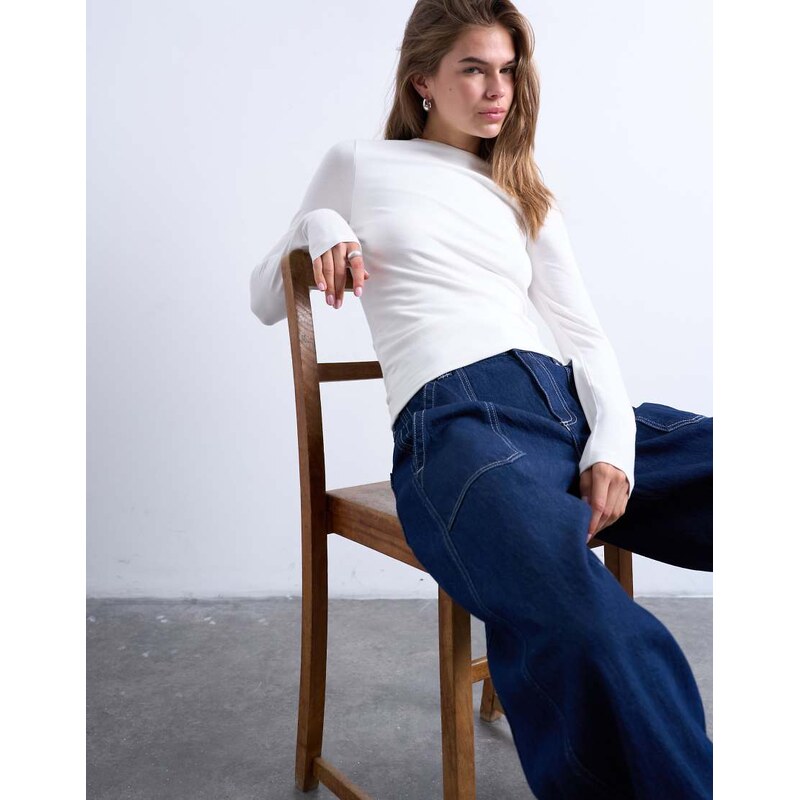 Topshop clean long sleeve top in ivory-White