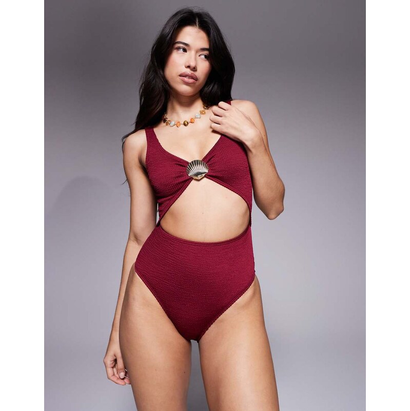 South Beach cutout crinkle swimsuit with shell hardware in burgundy 111138624