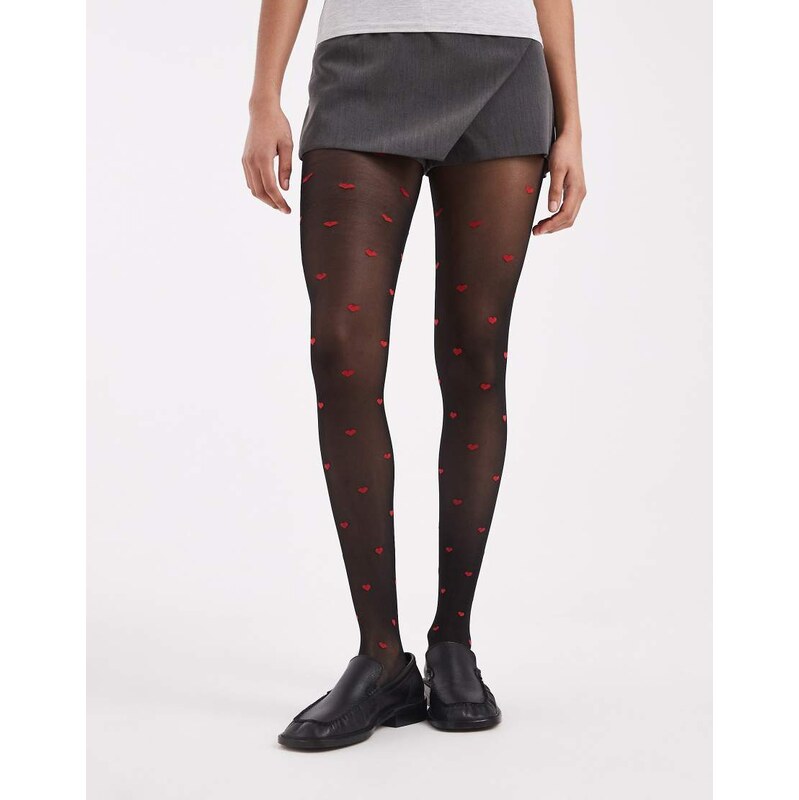 Lindex 40 denier all over red hearts tights in black 111139040