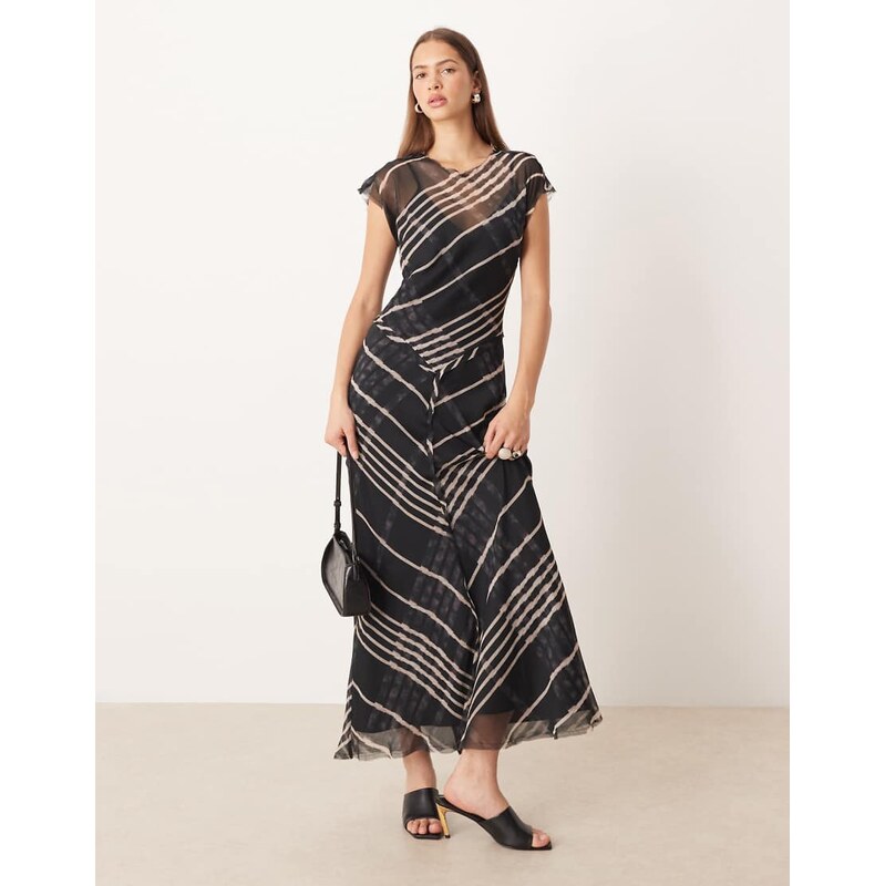 ASOS DESIGN cap sleeve midi dress with drop waist in check-Multi